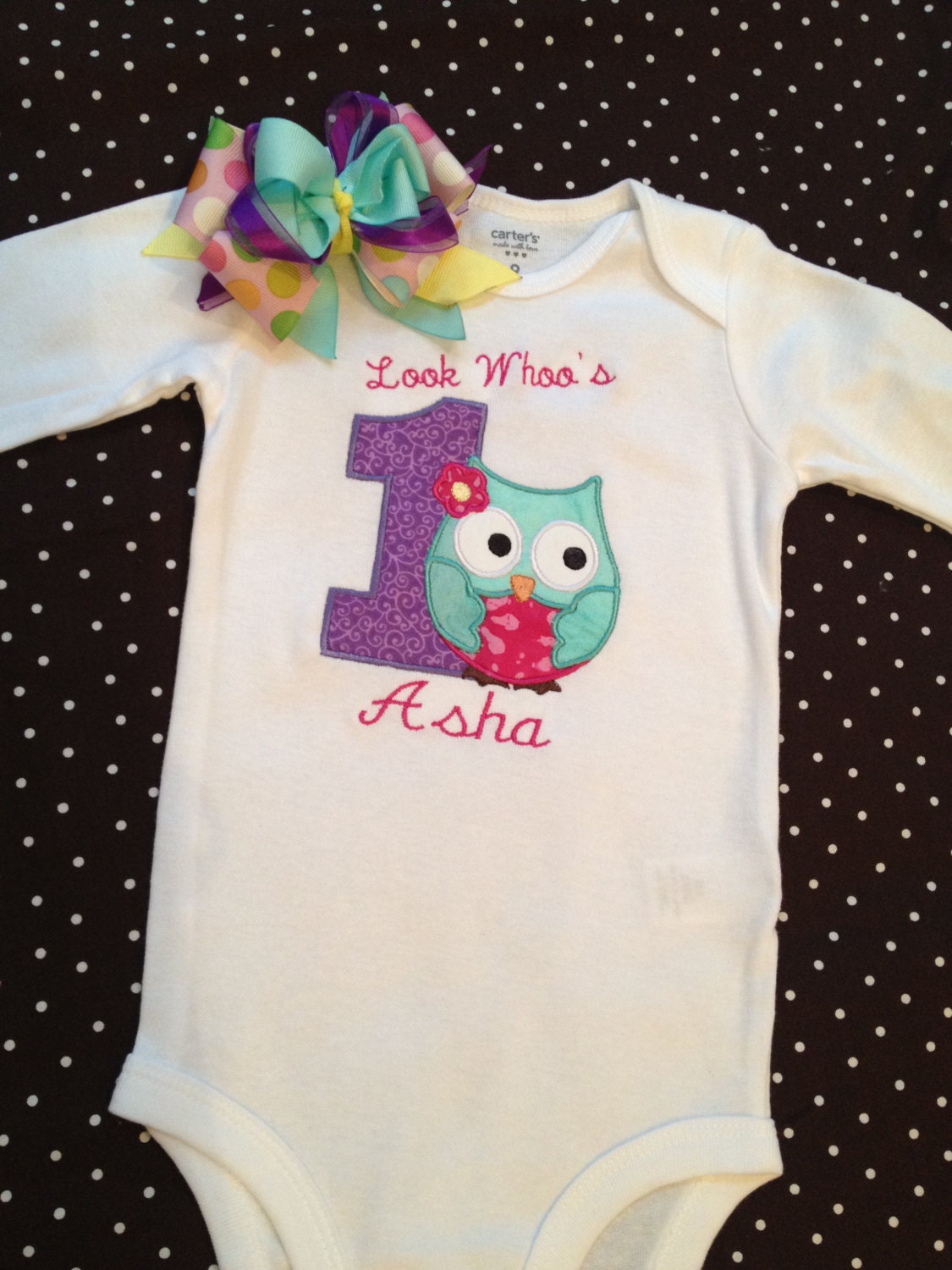 First birthday owl onesie with personalization and matching hair bow