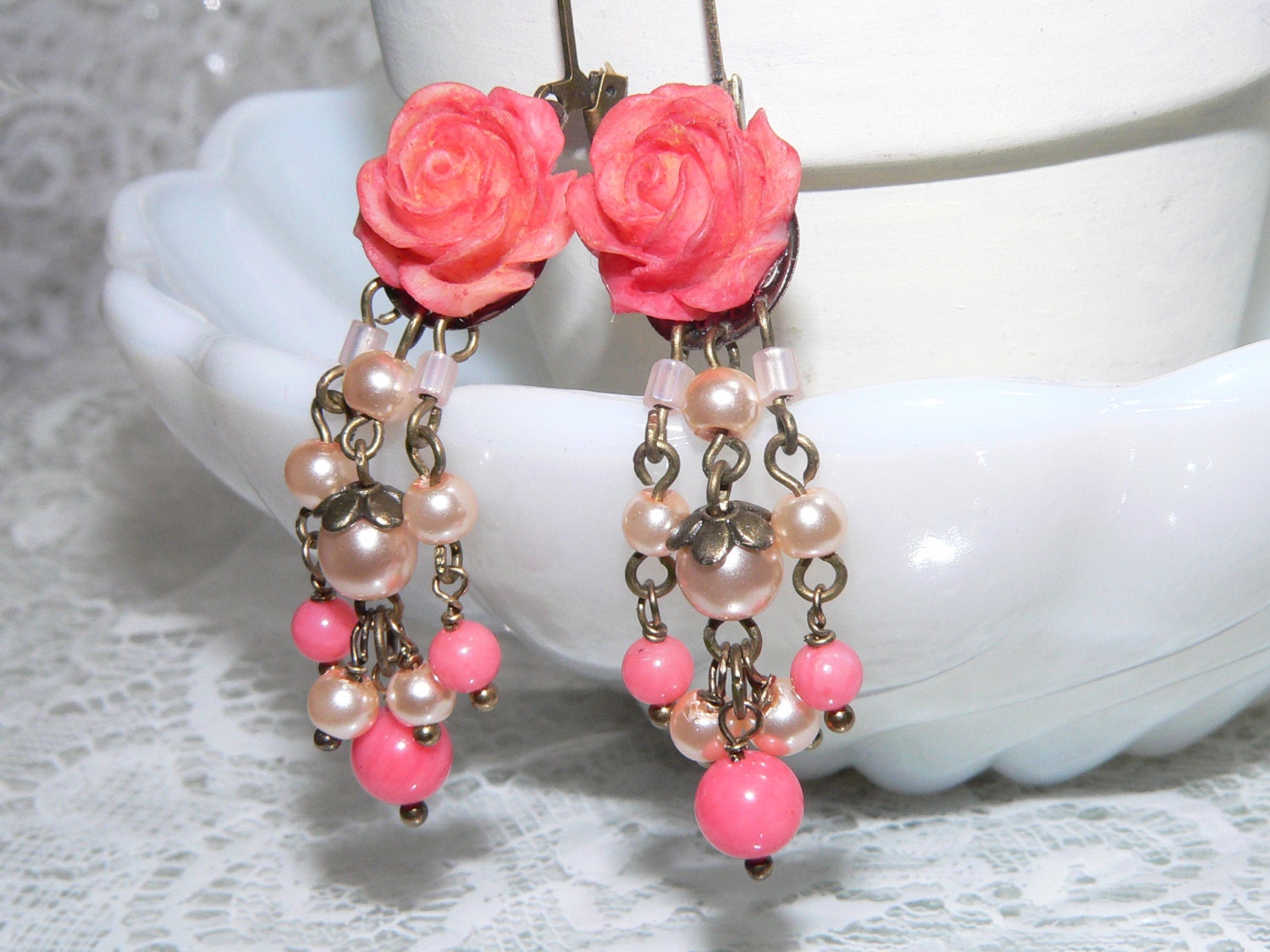 Coral Earrings - Rose Resin Beaded Pink Coral Victorian Romantic Floral Chandeleir Earrings
