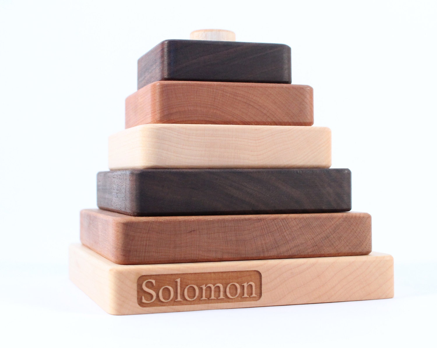 personalized stacking toy - a natural wooden toy, eco-friendly with homegrown organic finish, learning about size, color, and patterns
