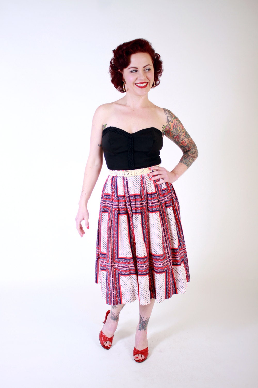 1950s Vintage Skirt...Summer Fashion Red White Blue Patriotic Pleated Full Cotton Skirt Size Small