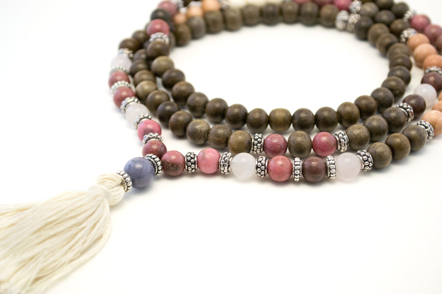 SALE - 108 Mala Beads - Wood, Rhyolite, Rose Quartz Mala - Yoga Jewelry