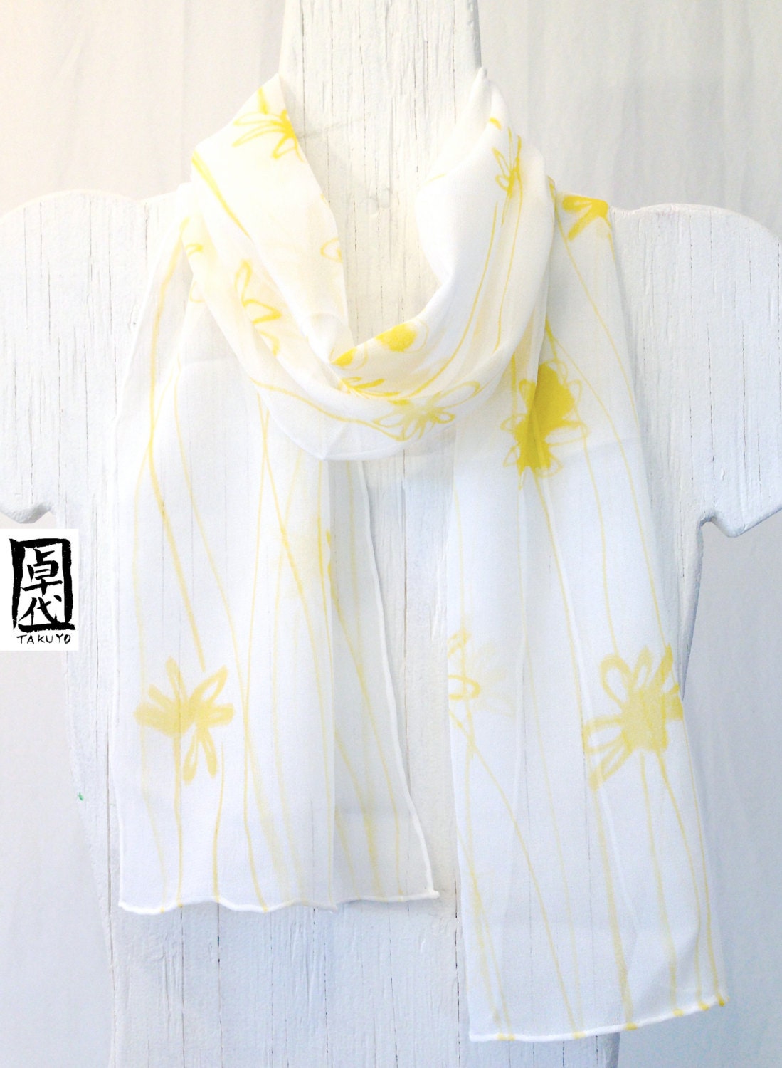 Hand Painted Silk Scarf, Yellow Daisies Floral Scarf. Mothers Day Gift. White Silk Scarf. Silk Scarves Takuyo. Made in USA. Approx 7x52 in.