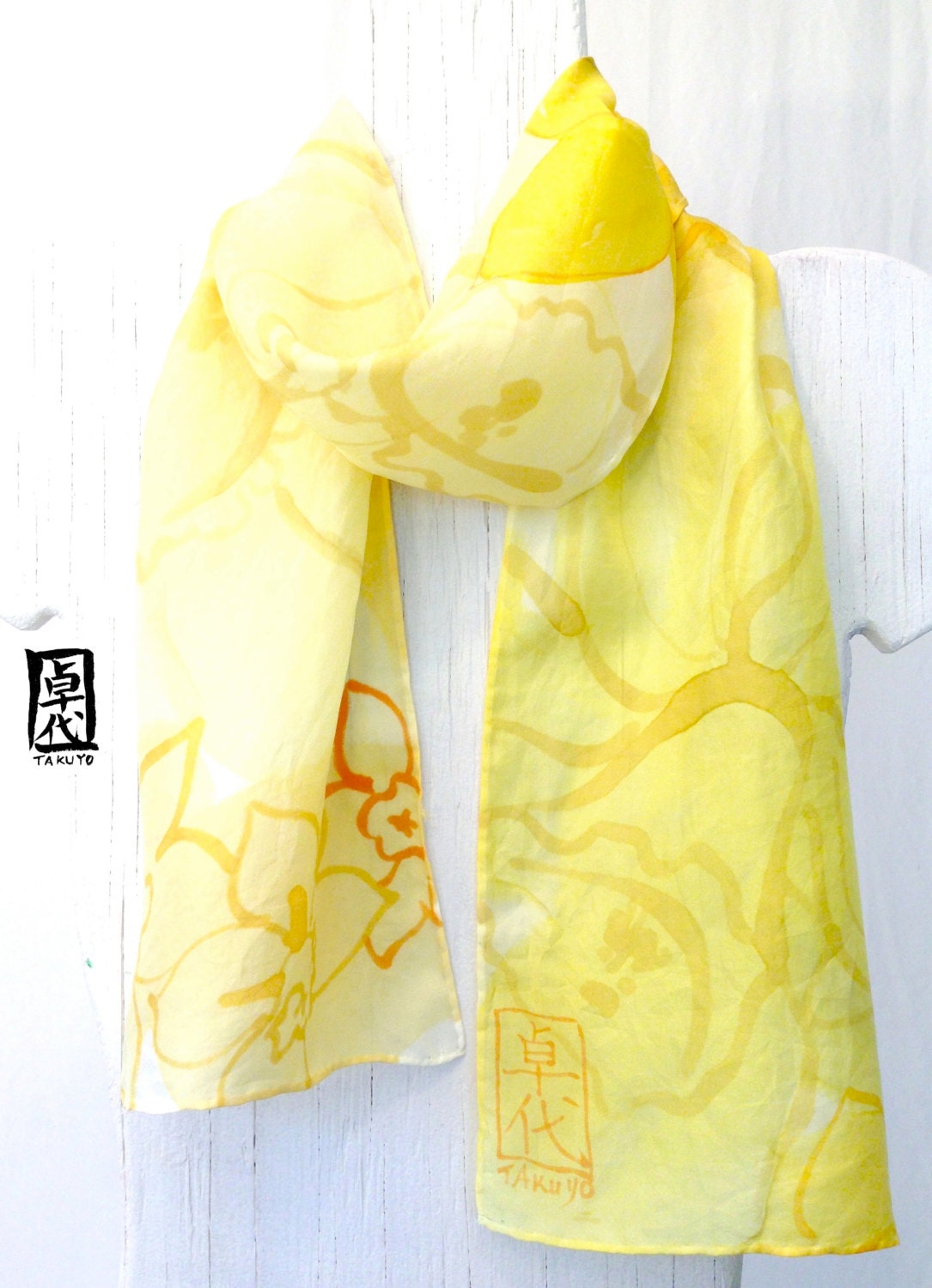 Handpainted Yellow silk scarf. Sunny Yellow Daffodils. Yellow Floral Scarf, Silk Scarf Japanese. 7.5x52 in.