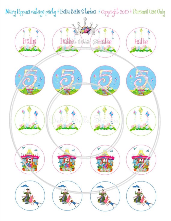 Mary Poppins Vintage Party Printable CUSTOMIZED PARTY TAGS - Cupcake Toppers - Party Circles Bella Bella Studios Il_570xn
