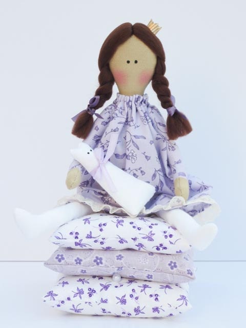 Handmade cloth doll, fairy tale doll Princess and the Pea in lilac dress,brunette with kitty fabric doll - birthday gift for girl