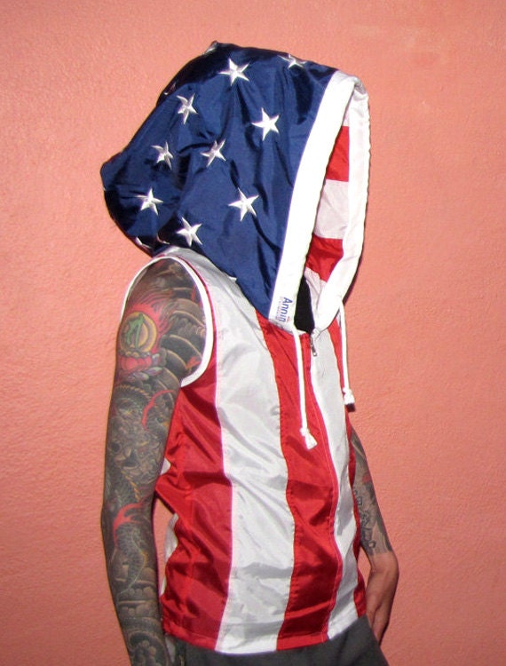 Embroidered American Flag Hoodie - handmade mens hoodie - mens shirt - mens clothing - sleeveless jacket - upcycled clothing - windbreaker