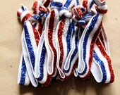 Set of FOUR America Red, White and Blue Sparkle No Dent Hair Ties, won't leave a kink, Military, Bracelet, ponytail holder, Fourth of July