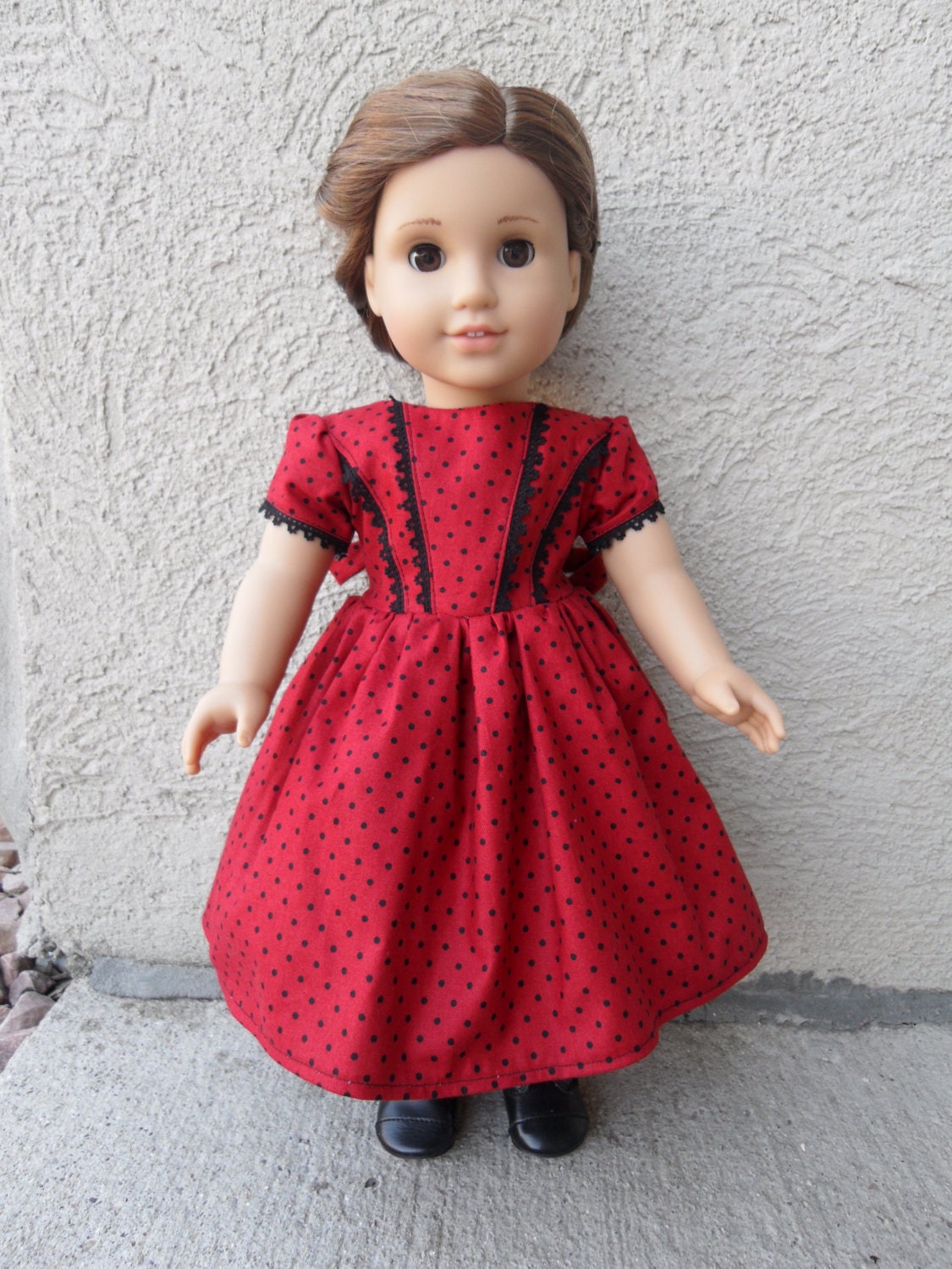 Red Dress with Black Dots 1850s Dress for Cecile, Addy, Kirsten or 18 inch doll