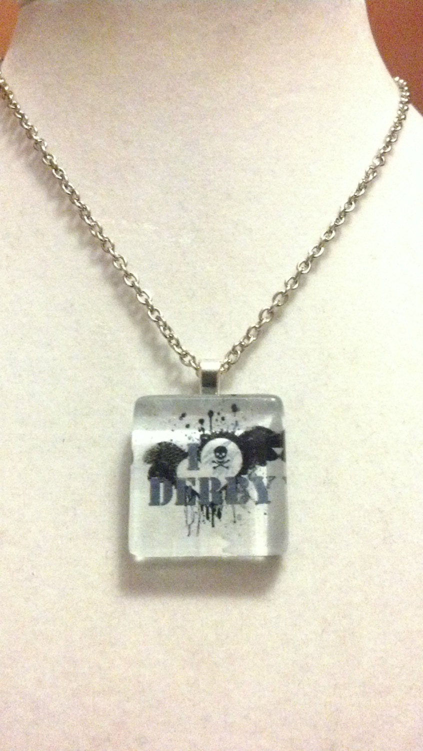 I Love Derby Glass Tile Necklace ( Roller Derby Pride) in Blue