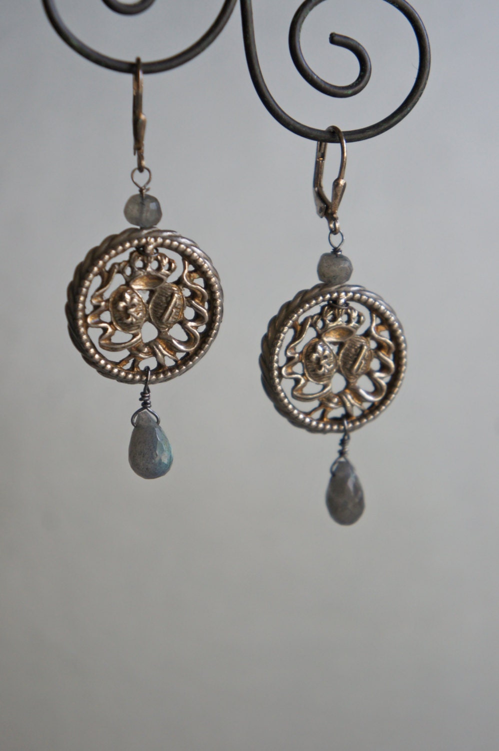 Vintage assemblage earrings labradorite gemstones silver french vintage dangle assemblage jewelry -  by French Feather Designs.