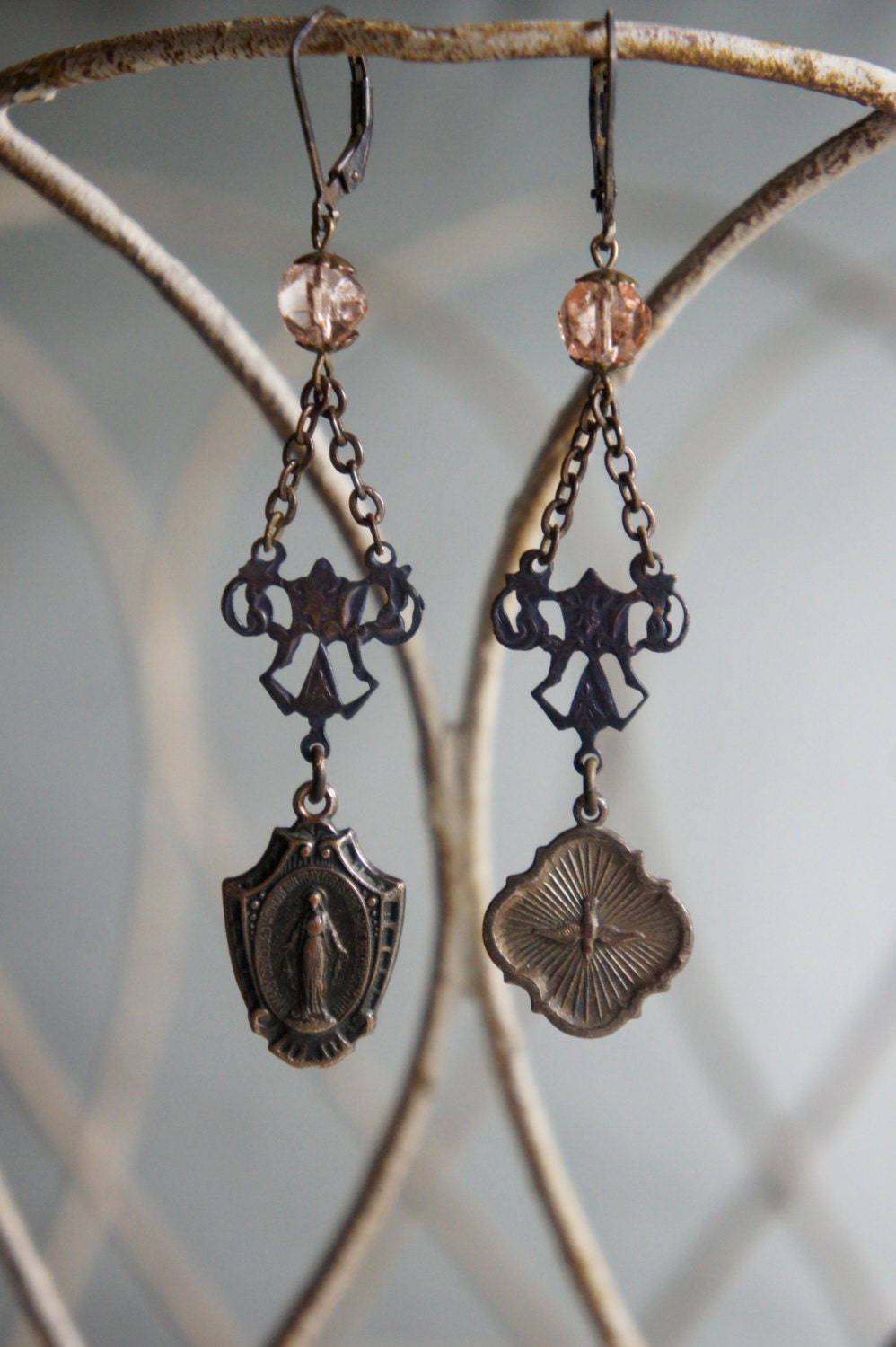 Vintage assemblage earrings religious medals rosary centers assemblage jewelry - Simple Vintage by French Feather Designs.