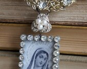 Mother Mary-Vintage assemblage necklace prayer card rhinestone pendant rosary beads assemblage jewelry - by French Feather Designs.