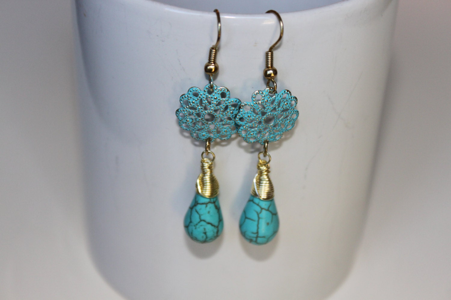 Turquoise Antique Brass Filigree aqua Patina Earrings- Dangle Wire wrapped Earrings
