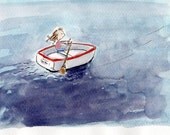 Girl in a Boat 5 x 7 blank note card, watercolour print