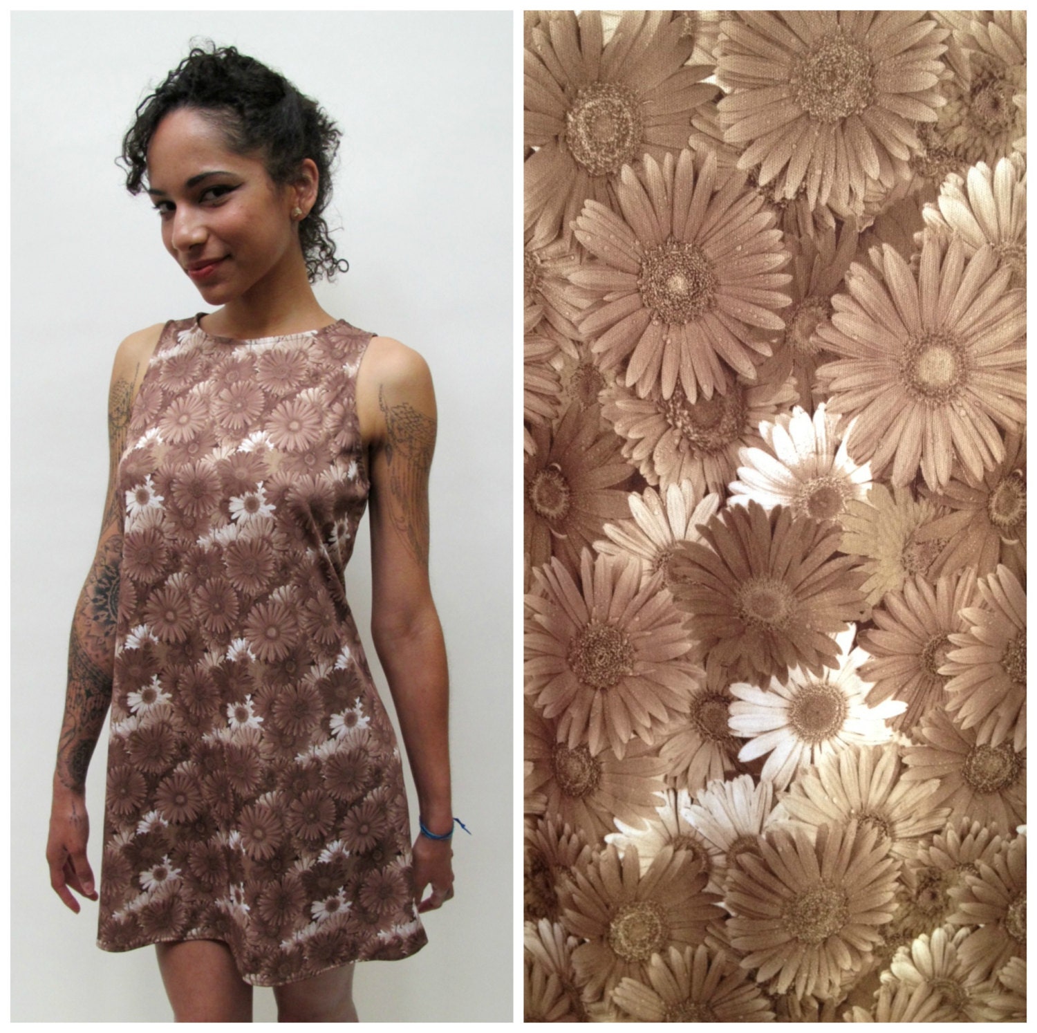 90s DAISIES Photo Print White & Tan Mini Dress