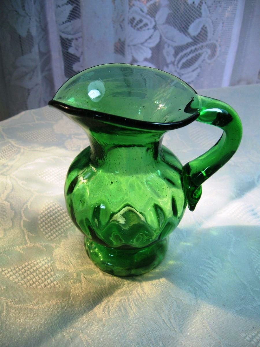 Vintage Green Art Glass Pitcher Clevenger Brothers South Jersey NJ True Emerald Green