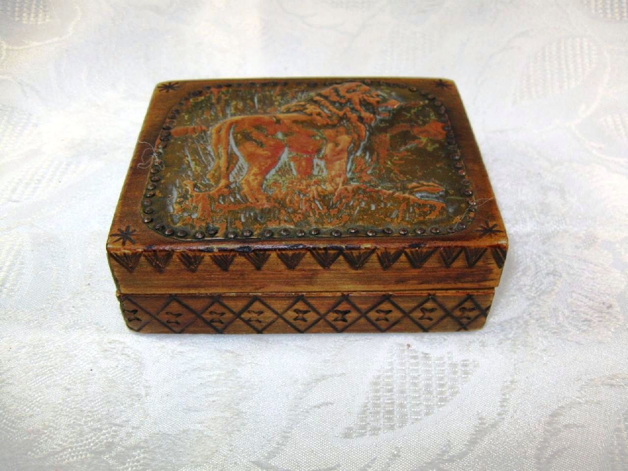 Vintage Folk Art Trinket Stash Stamp Wood Box with Copper Lion Decorative Top Camp Art Hinged