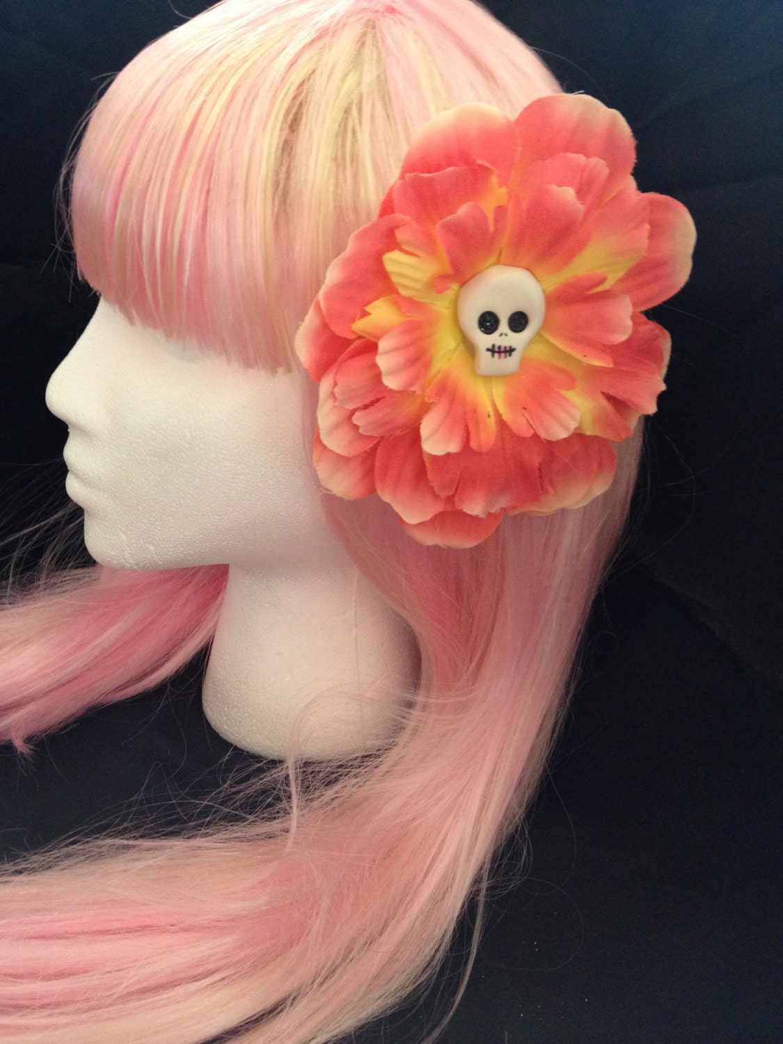 Pin Up Tangerine Flower with Skull