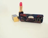 Black lipstick holder with mirror. Asian pattern fabric . 80s vintage