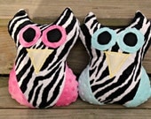 Stuffed Owls Handmade Plush Toy Animal Ready to Ship Black White Zebra Stripe Hot Pink Turquoise Blue Minky Fleece