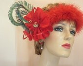 Unique Gatsby red flapper headpiece with peacock feather ornament