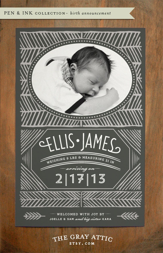 Birth Announcement - A9 size (Pen & Ink - No. 4) - Set of 25 - Modern, Contemporary