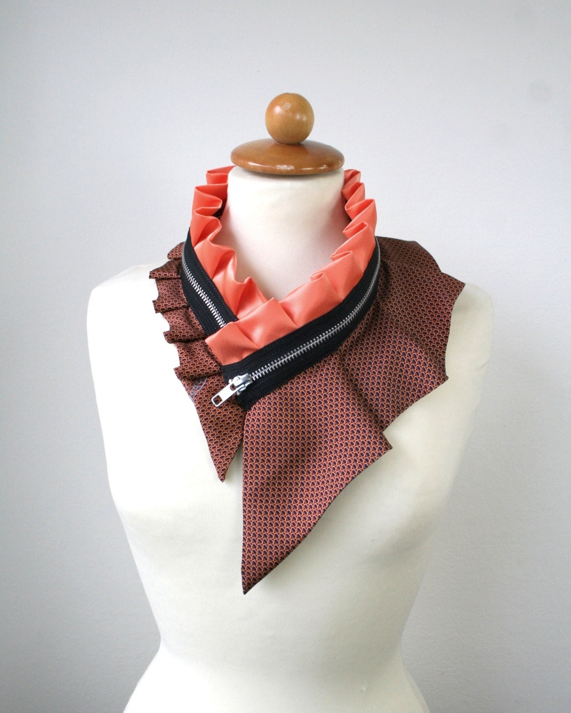 Coral and black collar, zipper collar necklace, silk and satin, statement necklace, eco fashion (57)