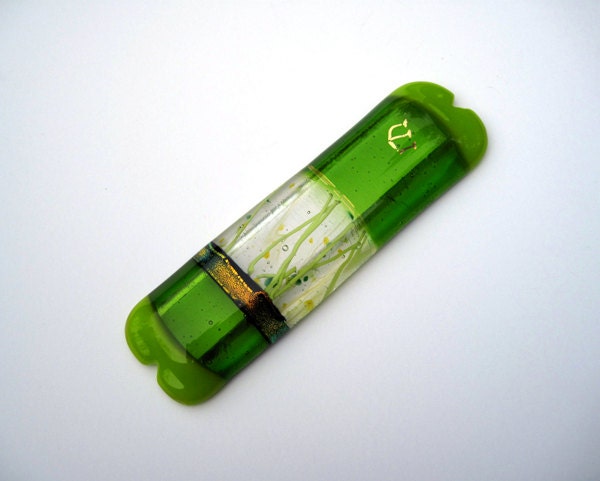 Fused glass mezuzah green,dichroic glass, gold painted Shen