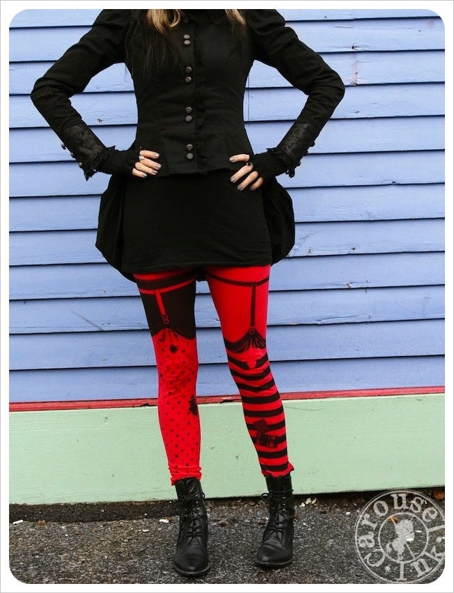 Red and Black Striped Leggings - Pippi GARTER Legging - MEDIUM red tights - polka dot