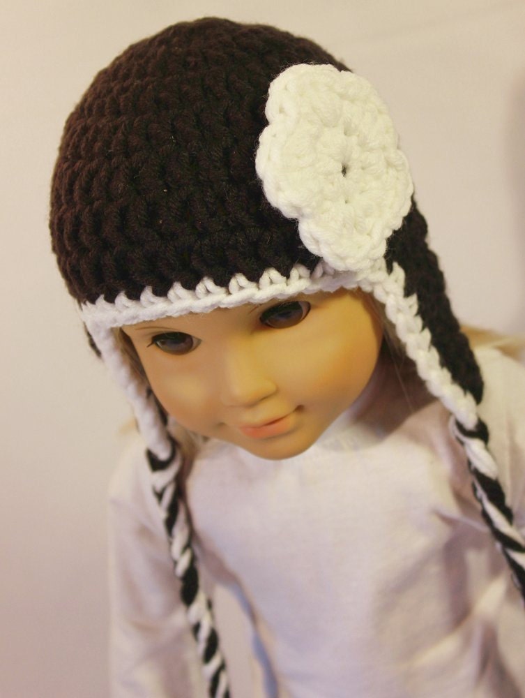 18" Doll Clothes - Flower Earflap Hat - Black with white Beanie for American Girl