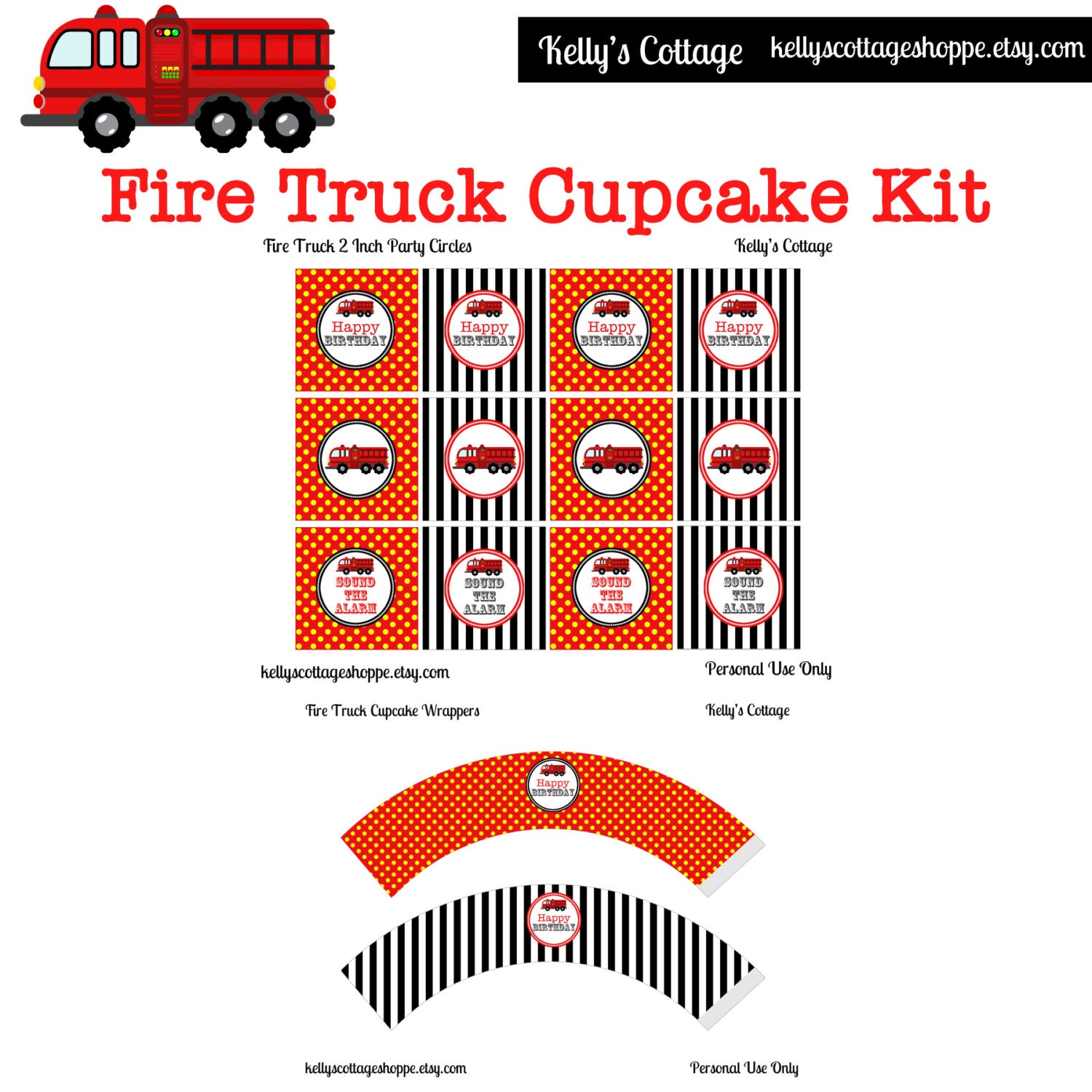 Instant Download Fire Truck Birthday Party Cupcake Kit- 2 Inch Party Circles and Cupcake Wrappers...Printable