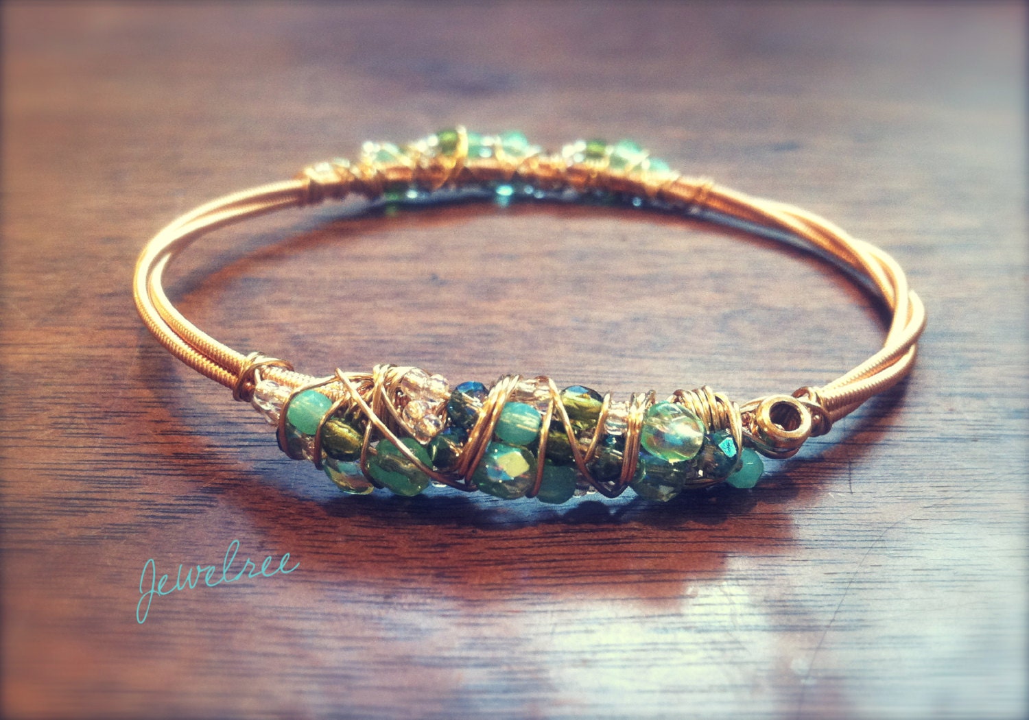 AQUA BLISS- Guitar String Bangle Bracelet with Glass Beading.  Stackable, music inspired accessory