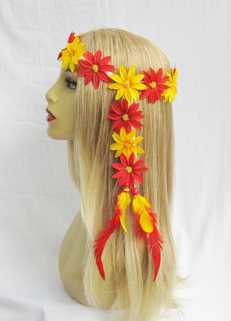 Crimson and Gold Daisy chain hippie festival headband edc bonnaroo braided women hair accessories
