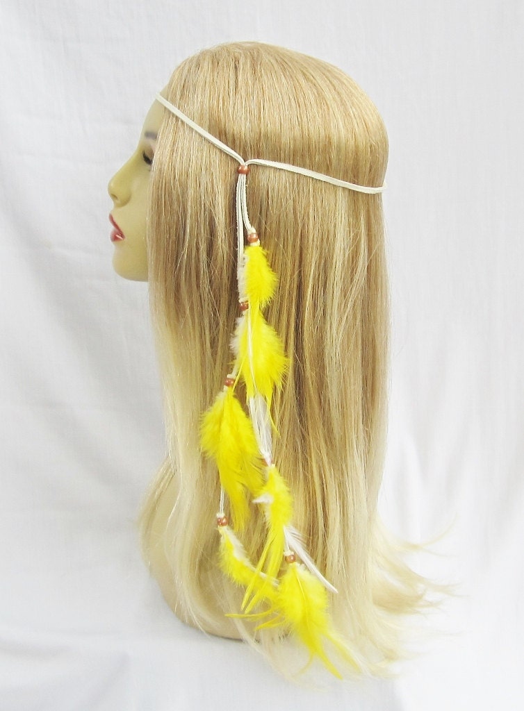 Yellow Breezes hippie feather and leather headband edc bonnaroo festival hat band necklace women hair accessories