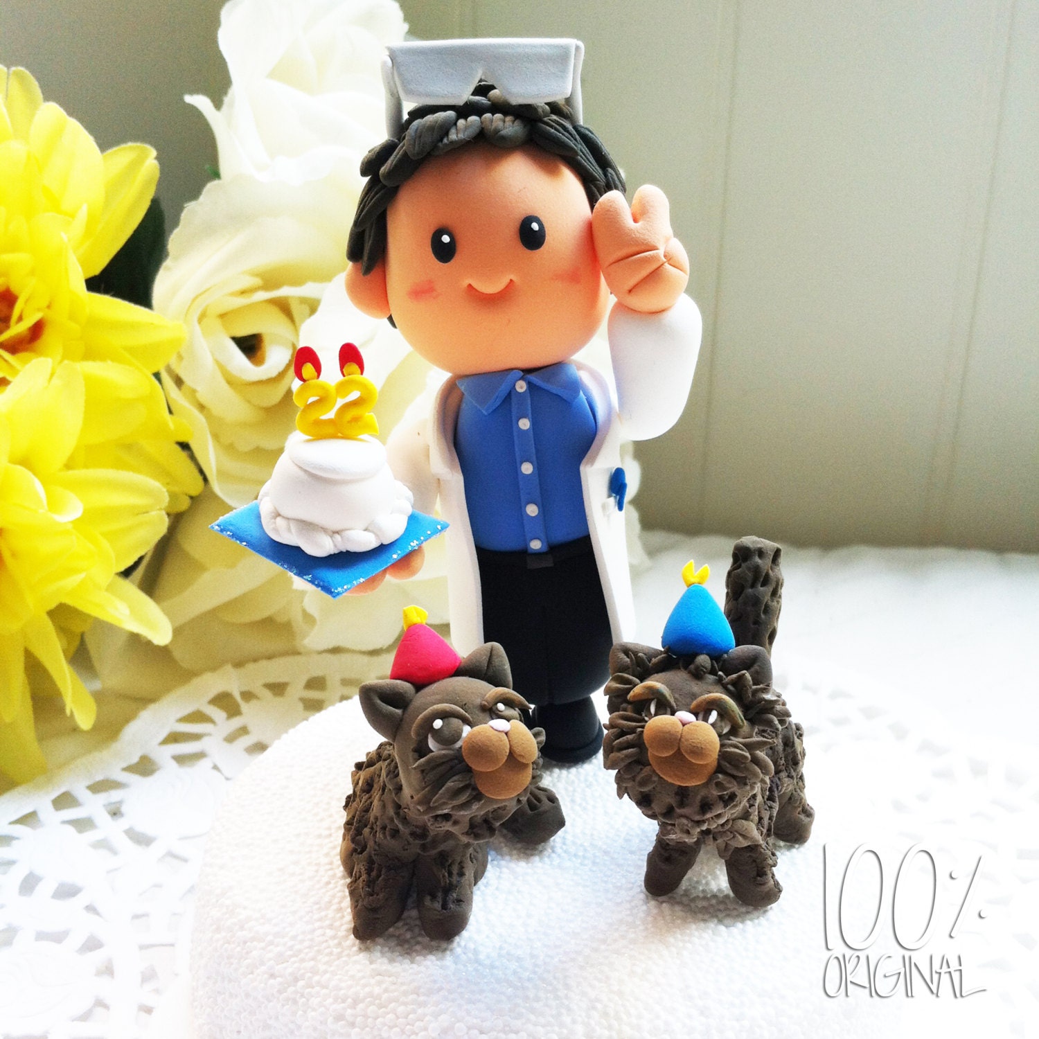 Custom Birthday Cake Topper - Pharmacist and his two cats.