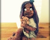 Art doll Ugly Berta, needle felted on a wire frame, posable, in vintage linen rags with miniature teddy bear