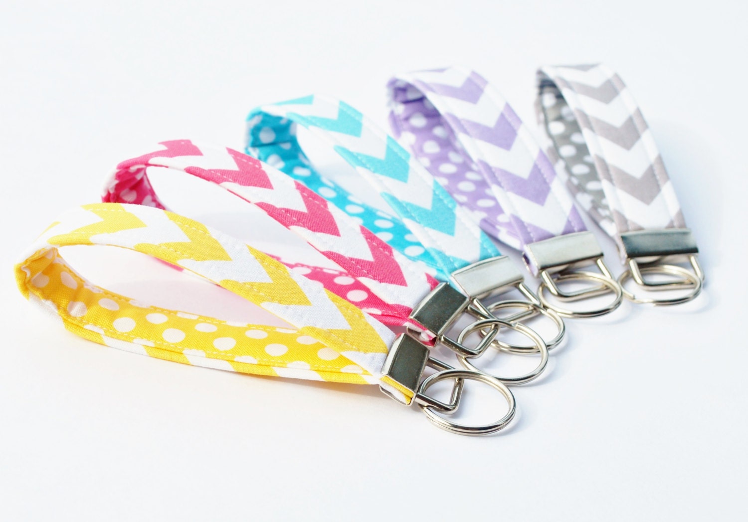 Chevron Key Chains, Wristlet Key Fobs, Pastel Rainbow Assortment - Set of 5 Pink, Yellow, Aqua, Lavender, and Light Grey