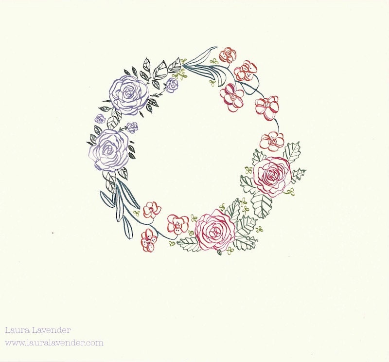 Floral Wreath Crest - Hand Drawn, Hand Lettered - Wedding Vintage style - Choose flowers to match your bouquet, decor or venue