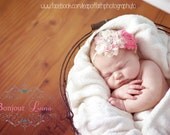 Infant Headband - Floral - Vintage Inspired Headband - Shabby Flower - Photography Prop - Baby Headband - Skinny Elastic - Ivory - Pink