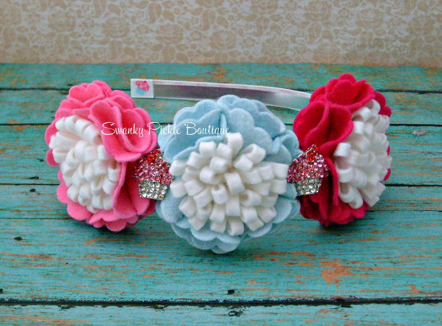 Pink & Blue Cupcake Felt Flower Headbead - Cupcake Theme Headband -  Toddler - Girl - Teen - Adult - Photo Prop