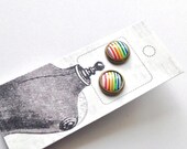 Tiny Retro Rainbow Cabochon Earrings, Upcycled Stud Earrings, Red Green Yellow Blue White Colorful Colourful