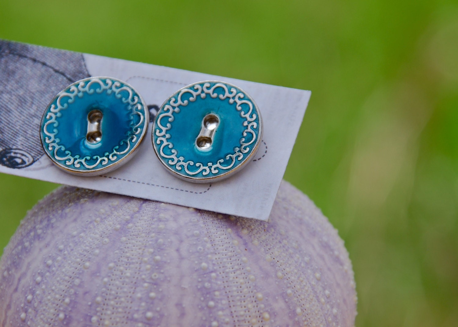 Oversized Silver Blue Earrings, Teal Button Cabochon Studs, Green Blue