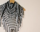 Striped Black White Fishnet Shawl with Fringes  - Fall Spring Summer Fashion - Women Accessories - Wrap -  Gift for Mother