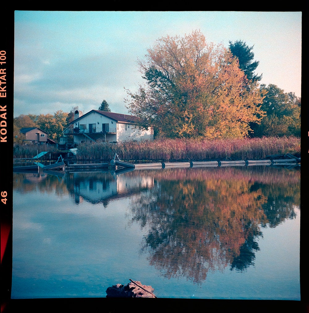 House on the lake with tree in the fall and reflection on the water landscape square photo print wall art home decor - La casa sul lago