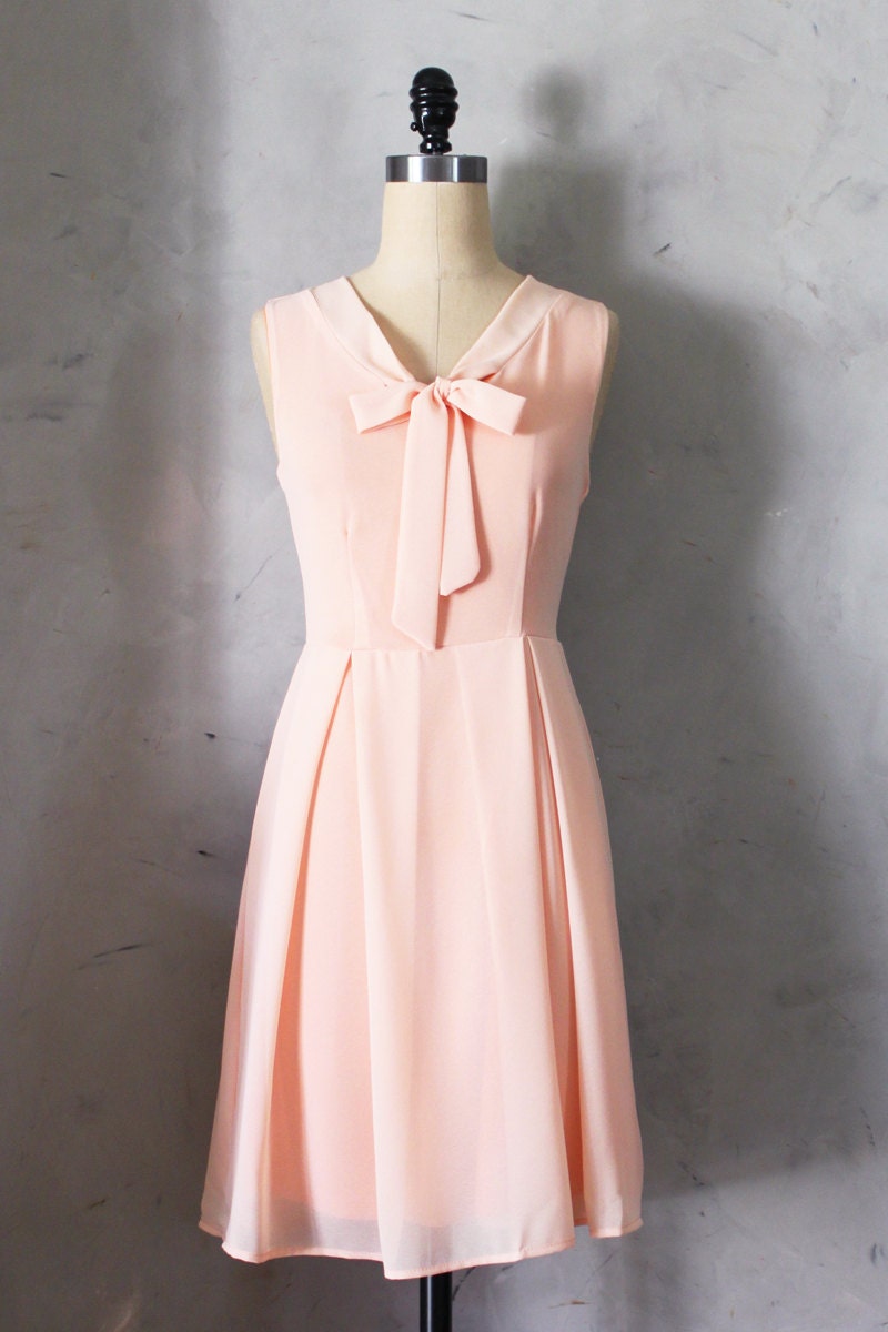MADELINE - PEACH Blush apricot scarf neck tie dress// retro // vintage inspired // pleated skirt // bridesmaid dress // garden // mod
