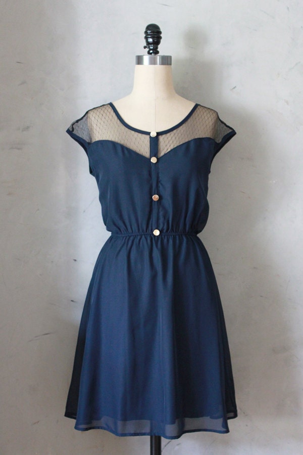 PETIT DEJEUNER DRESS - Navy blue chiffon dress with black lace neckline // retro // party // day // nautical // bridesmaid dress