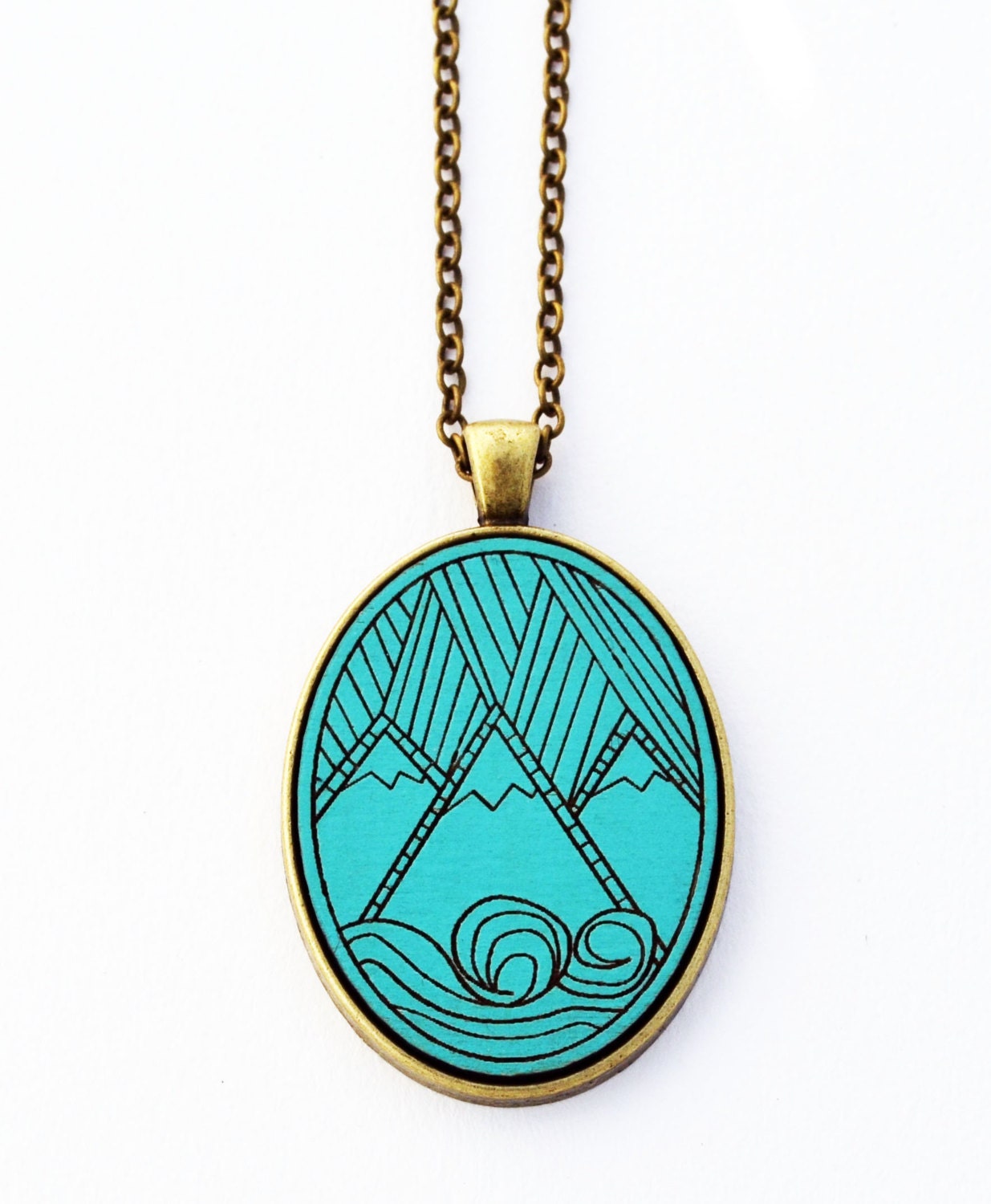 Surf, Sun, & Mountains - Laser Cut Wood Necklace - Turquoise