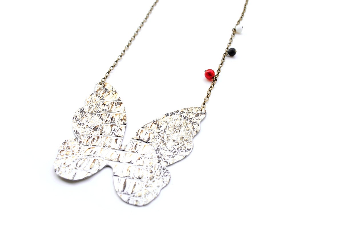 White butterfly leather necklace with glass beads, red white black and gold, antique brass chain, romantic spring trends