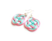 Mint and pink double coin knot earrings, satin cords, knotted, woven, summer, gift for her, nautical style, rope jewelry