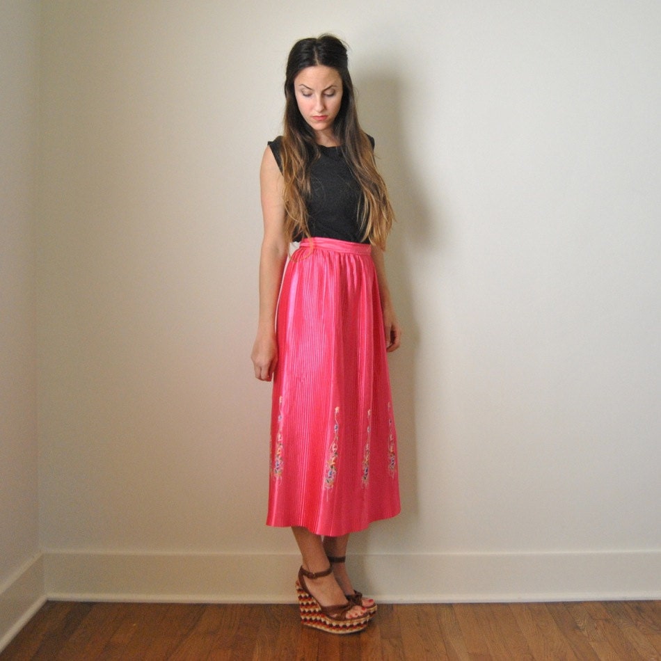 Hot Pink High Waisted Skirt  //  Elegant 70s Hand Painted Satin Long Boho Skirt  //  High Waisted Bright Bold Hot Pink Maxi Midi Skirt